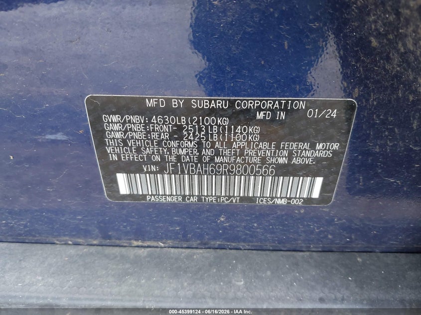 2024 Subaru Wrx Premium VIN: JF1VBAH69R9800566 Lot: 45399124