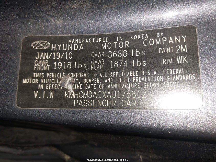 2010 Hyundai Accent Gs VIN: KMHCM3ACXAU175812 Lot: 45399140