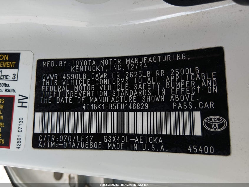 2015 TOYOTA AVALON auction photo 8