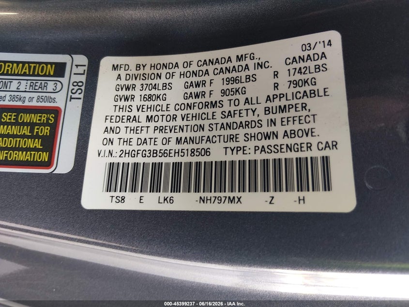 HONDA CIVIC 2014 VIN 2HGFG3B56EH518506