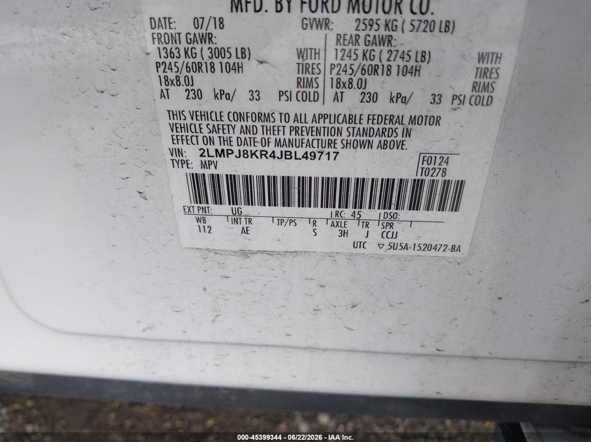 2018 LINCOLN MKX SPORT UTILITY VEHICLE 3.7L V-6 DOHC, VVT, 303HP