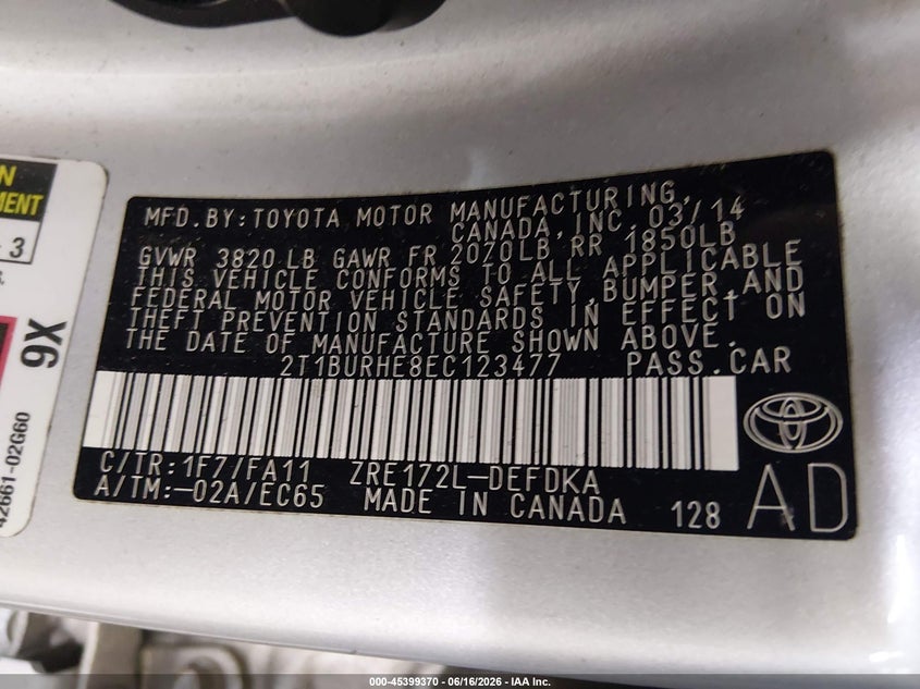 2014 TOYOTA COROLLA SEDAN 1.8L I-4 DOHC, VVT, 132HP