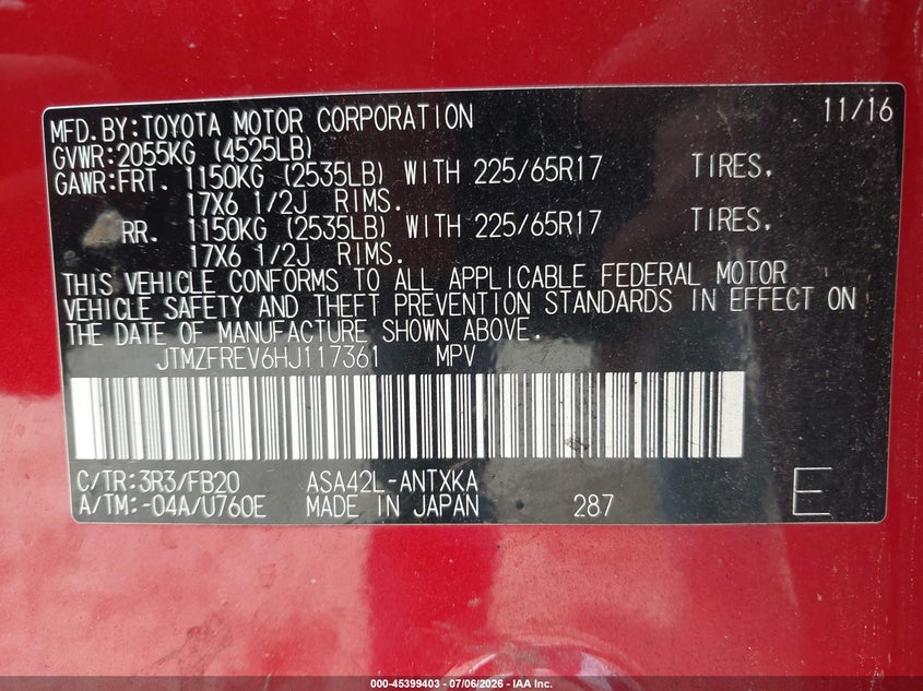 VIN JTMZFREV6HJ117361 2017 TOYOTA RAV4 LE