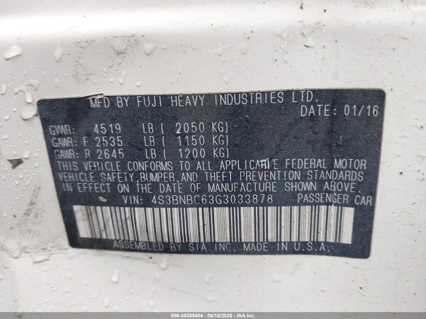 2016 Subaru Legacy 2.5I Premium VIN: 4S3BNBC63G3033878 Lot: 45399404