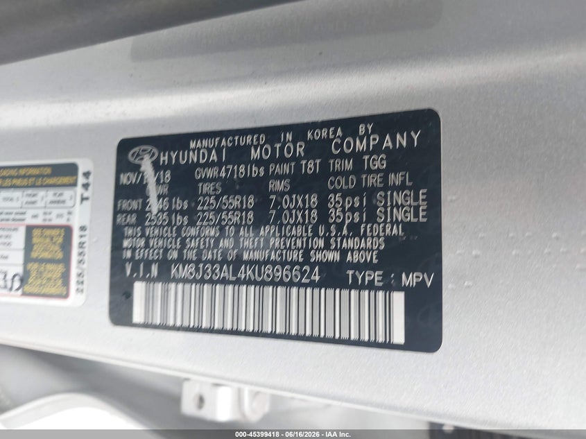 VIN KM8J33AL4KU896624 2019 HYUNDAI TUCSON SEL