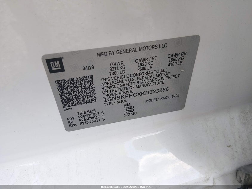 CHEVROLET TAHOE 2019 VIN 1GNSKFECXKR333286