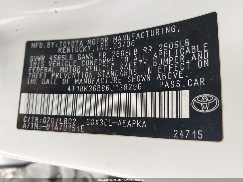 TOYOTA AVALON 2006 VIN 4T1BK36B86U138296