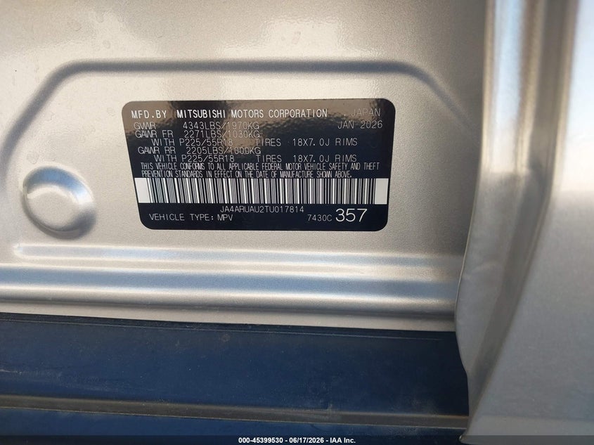 MITSUBISHI OUTLANDER SPORT 2026 VIN JA4ARUAU2TU017814