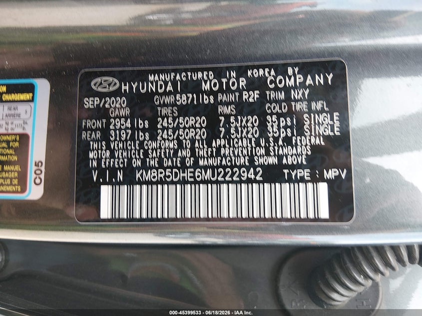 2021 Hyundai Palisade Limited VIN: KM8R5DHE6MU222942 Lot: 45399533