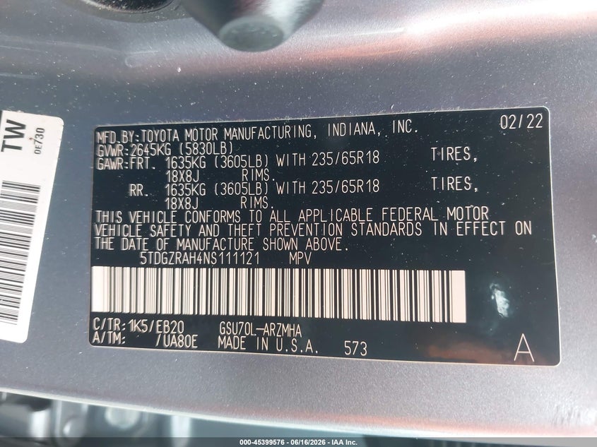 TOYOTA HIGHLANDER 2022 VIN 5TDGZRAH4NS111121