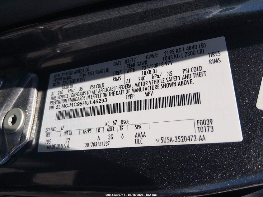 2017 Lincoln Mkc Premiere VIN: 5LMCJ1C95HUL46293 Lot: 45399715