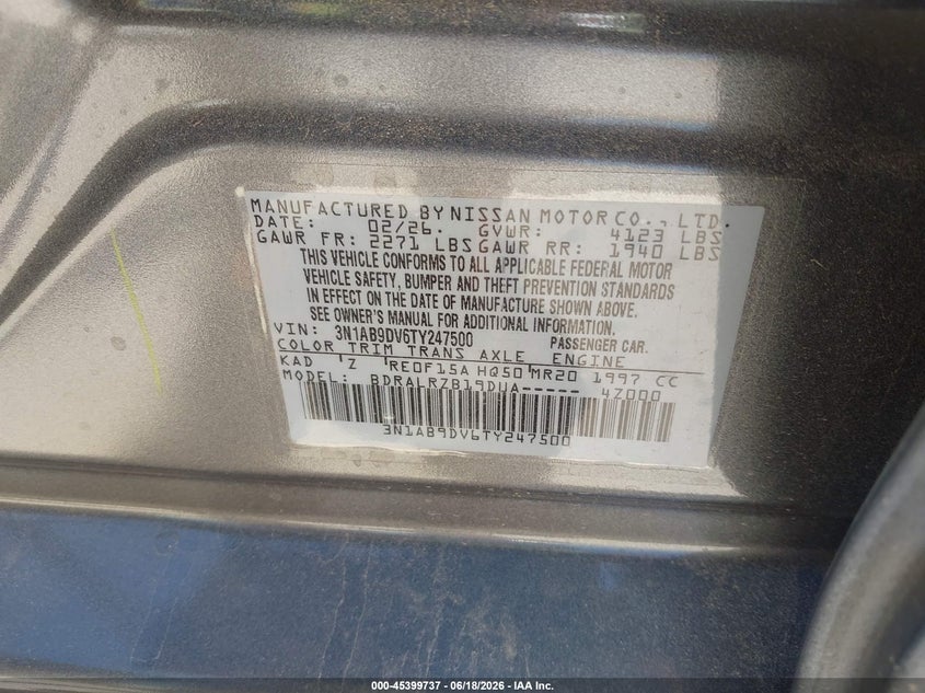 VIN 3N1AB9DV6TY247500 2026 NISSAN SENTRA SR