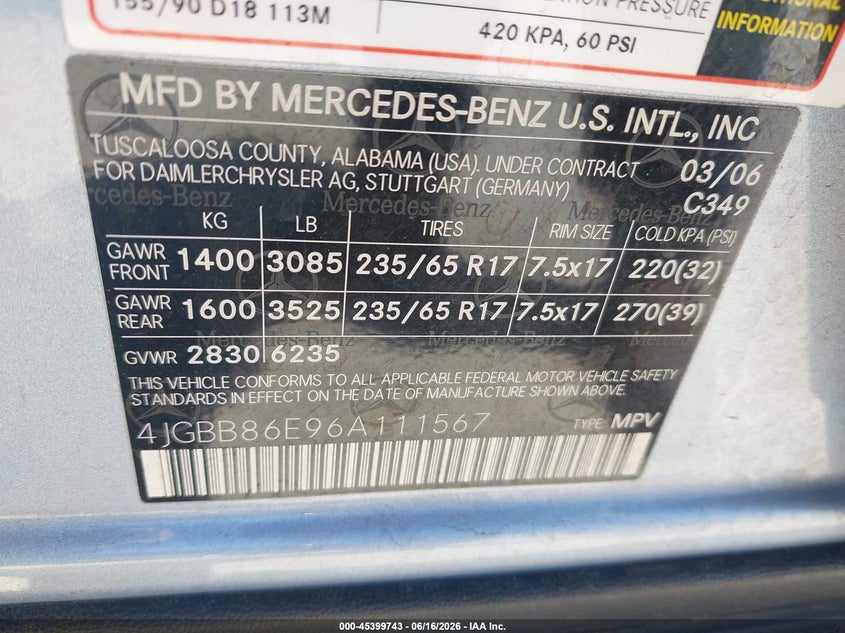 2006 Mercedes-Benz Ml 350 4Matic VIN: 4JGBB86E96A111567 Lot: 45399743