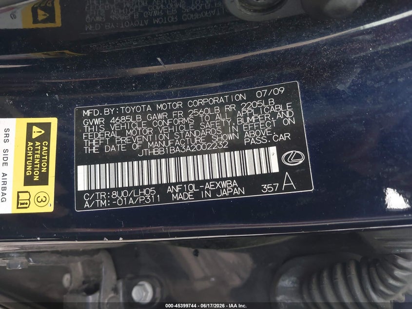 2010 Lexus Hs 250H Premium VIN: JTHBB1BA3A2002232 Lot: 45399744