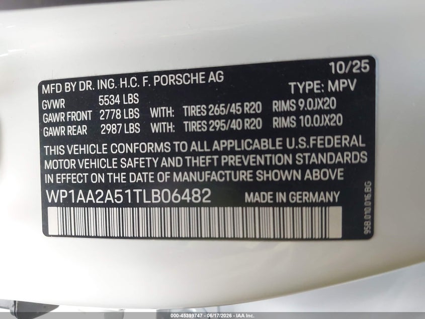 2026 Porsche Macan T VIN: WP1AA2A51TLB06482 Lot: 45399747