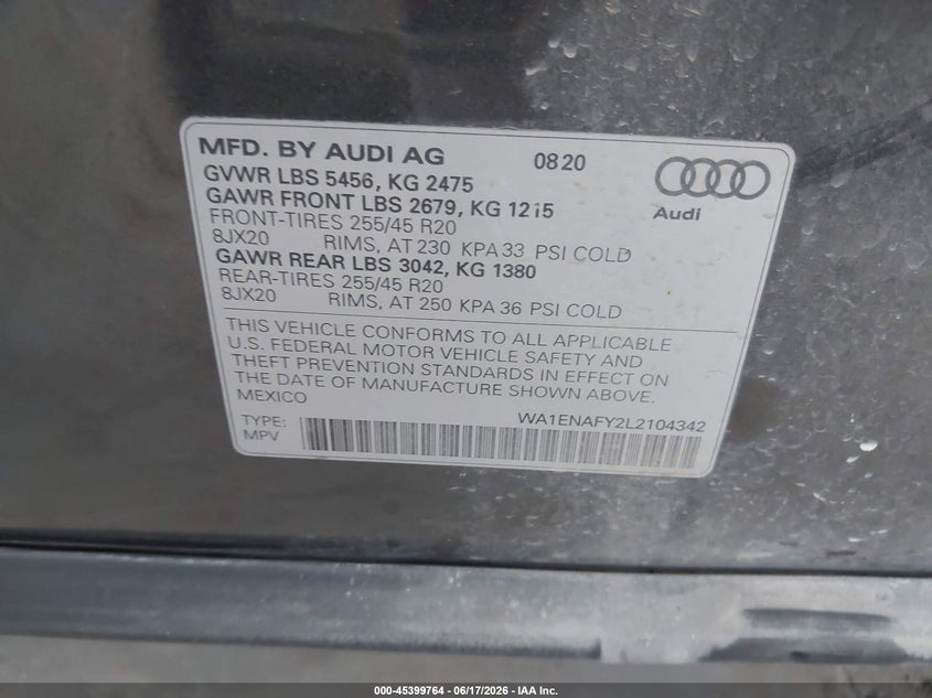 VIN WA1ENAFY2L2104342 2020 AUDI Q5 TITANIUM PREMIUM PLUS 45 TFSI QUATTRO S TRONIC