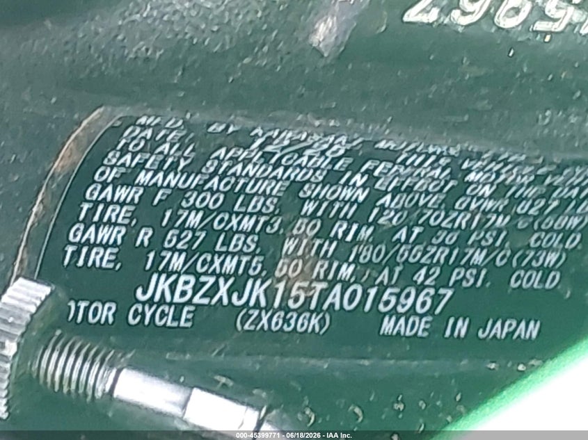 2026 Kawasaki Zx636 K VIN: JKBZXJK15TA015967 Lot: 45399771