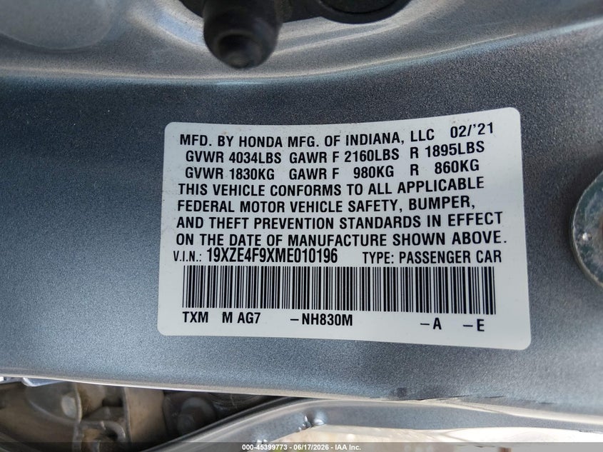 2021 Honda Insight Touring VIN: 19XZE4F9XME010196 Lot: 45399773