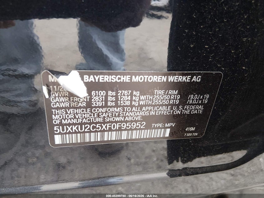 2015 BMW X6 xDrive35I VIN: 5UXKU2C5XF0F95952 Lot: 45399780