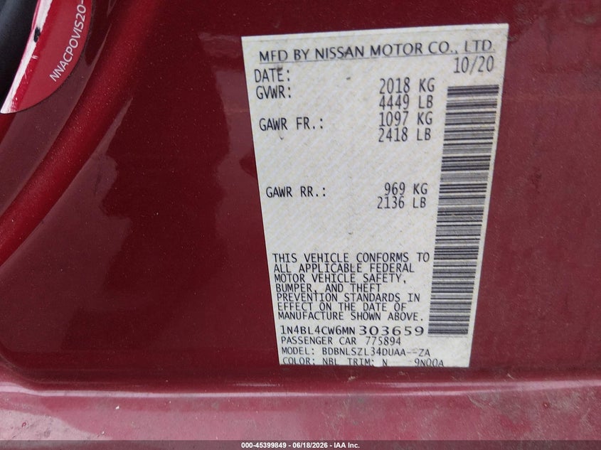 VIN 1N4BL4CW6MN303659 2021 NISSAN ALTIMA SR INTELLIGENT AWD