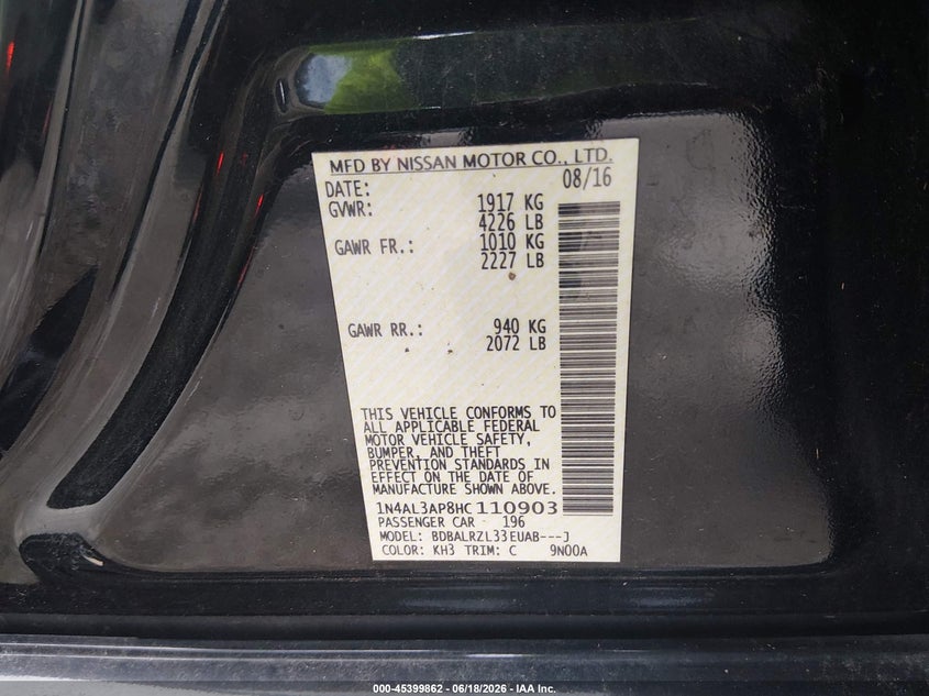 VIN 1N4AL3AP8HC110903 2017 NISSAN ALTIMA 2.5 SL