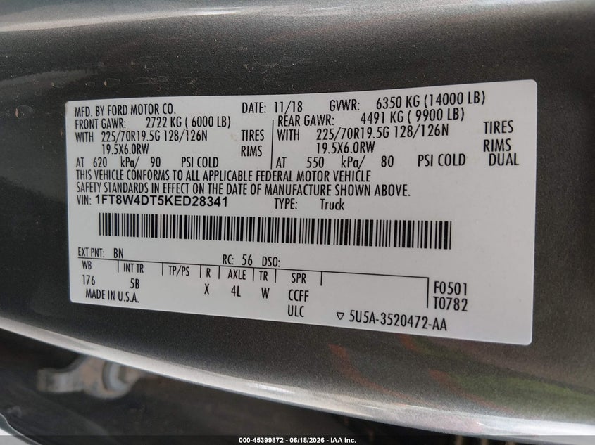 2019 Ford F-450 Lariat VIN: 1FT8W4DT5KED28341 Lot: 45399872