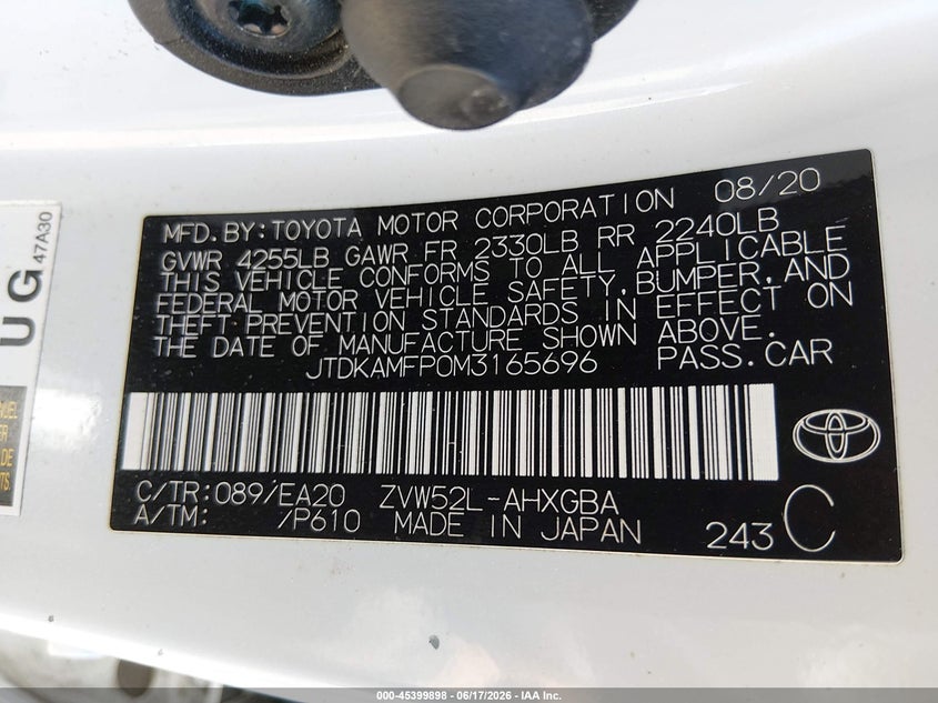 VIN JTDKAMFP0M3165696 2021 TOYOTA PRIUS PRIME XLE