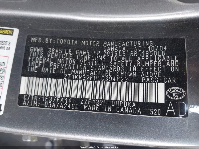 2005 Toyota Matrix VIN: 2T1KR32E05C394623 Lot: 45399907