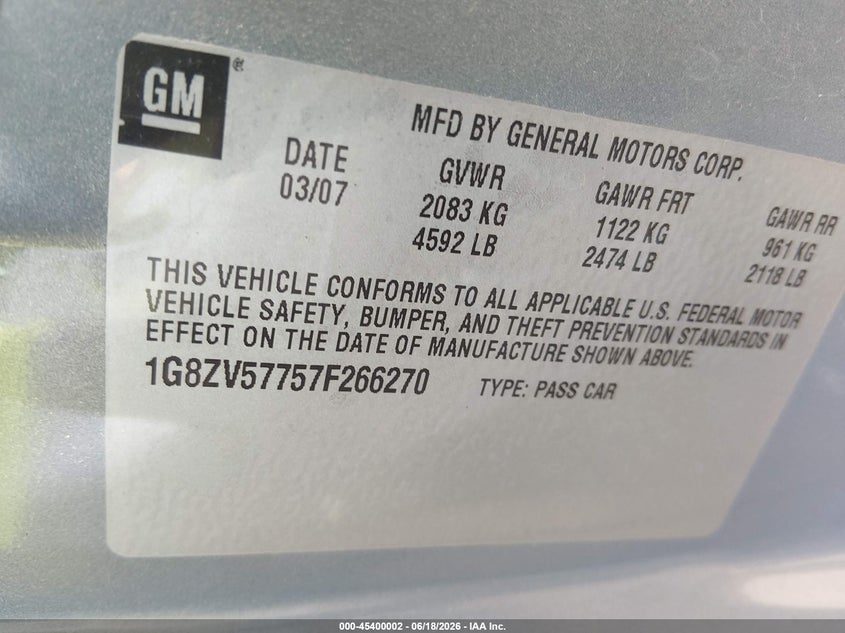 2007 Saturn Aura Xr VIN: 1G8ZV57757F266270 Lot: 45400002
