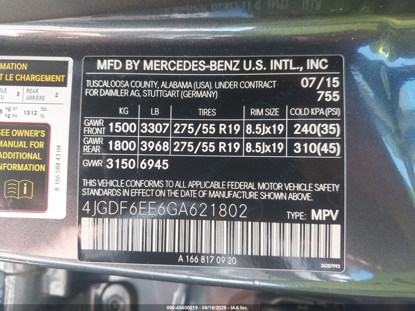 2016 Mercedes-Benz Gl 450 4Matic VIN: 4JGDF6EE6GA621802 Lot: 45400019