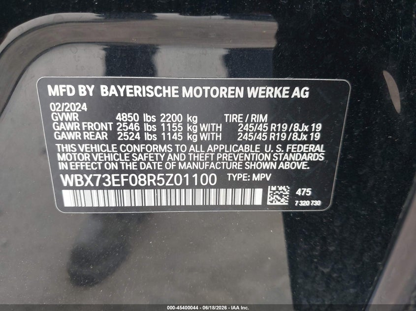 2024 BMW X1 xDrive28I VIN: WBX73EF08R5Z01100 Lot: 45400044