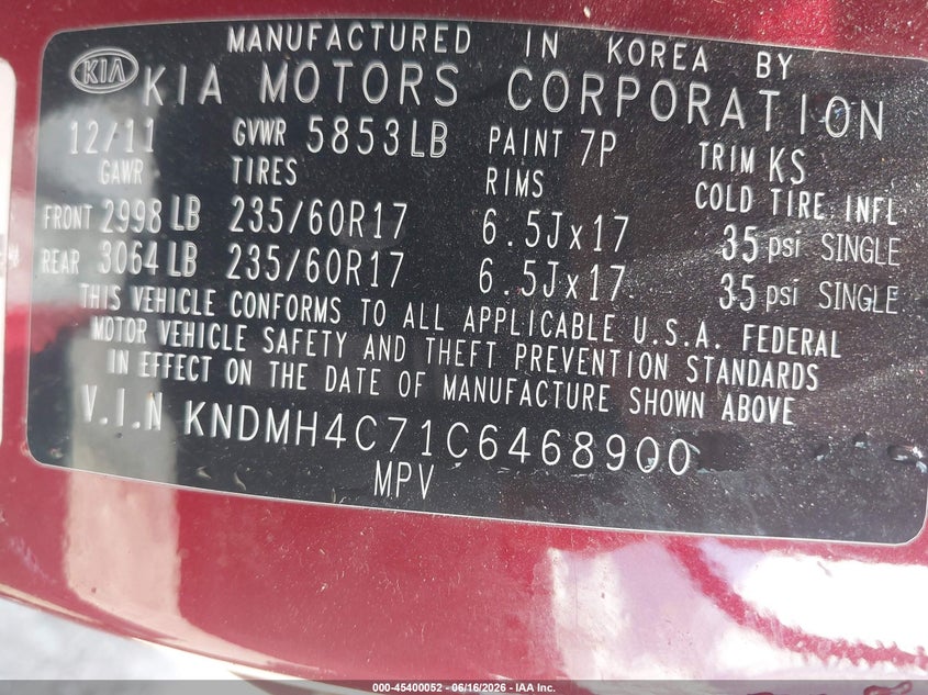 2012 Kia Sedona Ex VIN: KNDMH4C71C6468900 Lot: 45400052