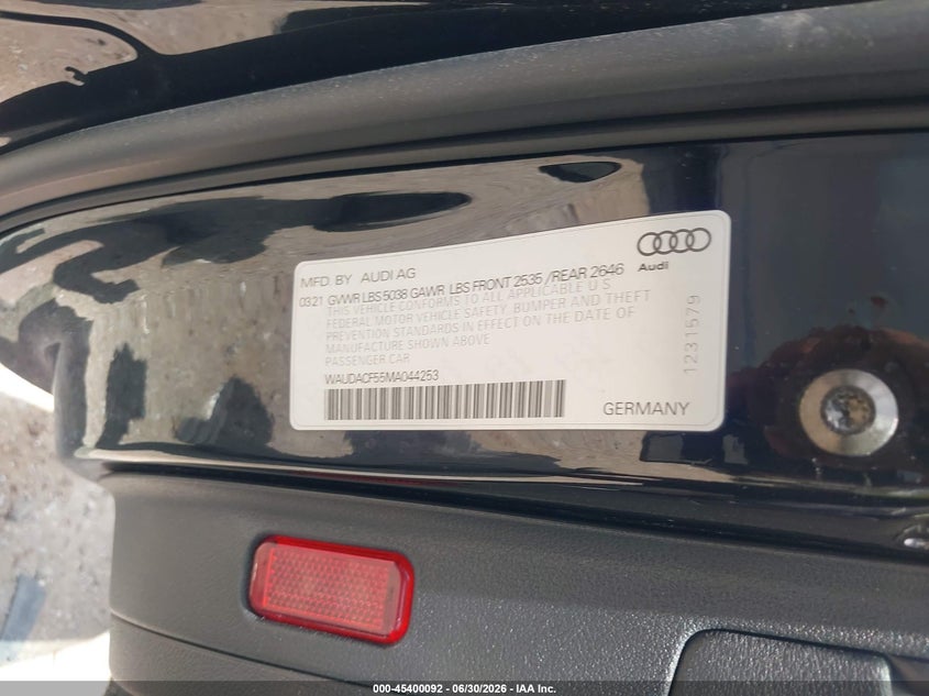 2021 Audi A5 Sportback Premium 45 Tfsi Quattro S Tronic VIN: WAUDACF55MA044253 Lot: 45400092