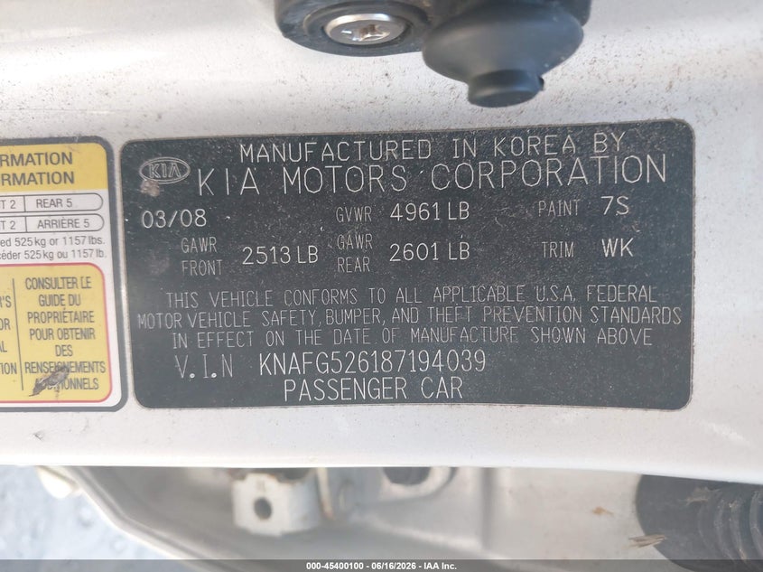 2008 Kia Rondo Ex V6 VIN: KNAFG526187194039 Lot: 45400100