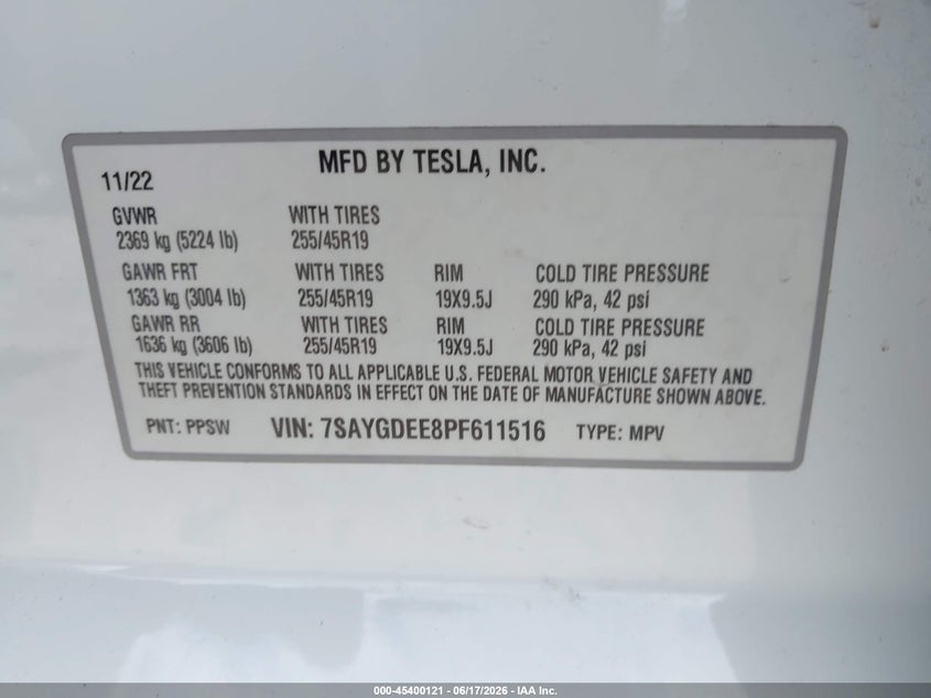TESLA MODEL Y 2023 VIN 7SAYGDEE8PF611516