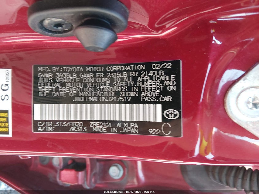 VIN JTDEPMAE0NJ217519 2022 TOYOTA COROLLA LE