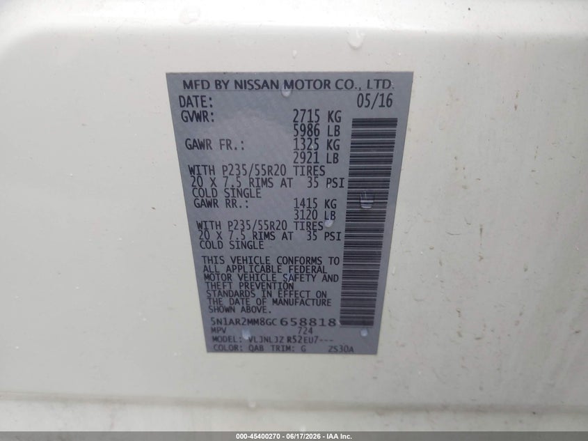 2016 Nissan Pathfinder Platinum VIN: 5N1AR2MM8GC658818 Lot: 45400270