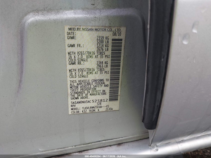2010 Nissan Xterra S VIN: 5N1AN0NU3AC525812 Lot: 45400284