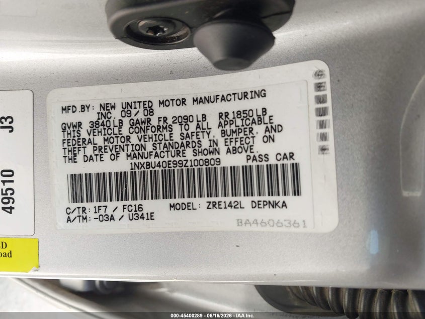 2009 Toyota Corolla Xle VIN: 1NXBU40E99Z100809 Lot: 45400289