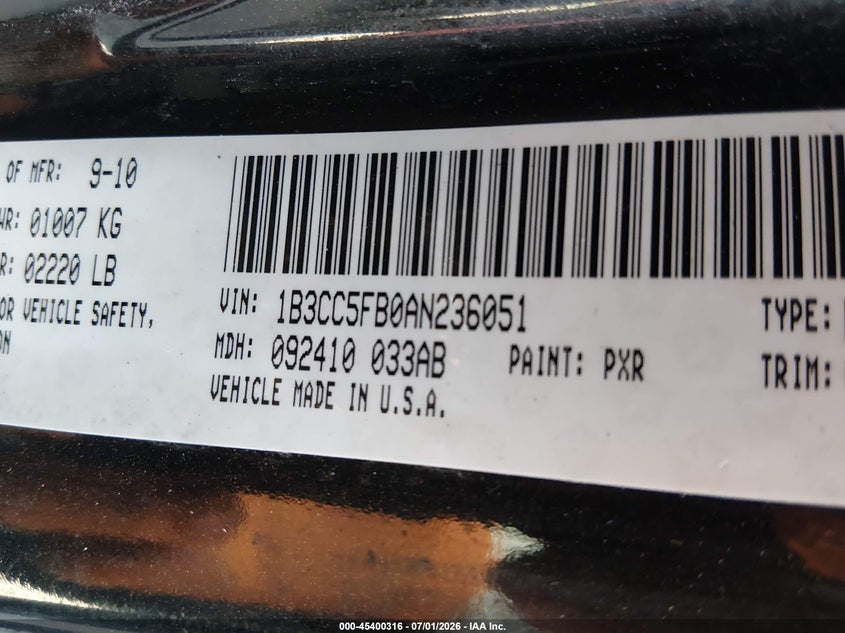 2010 Dodge Avenger R/T VIN: 1B3CC5FB0AN236051 Lot: 45400316