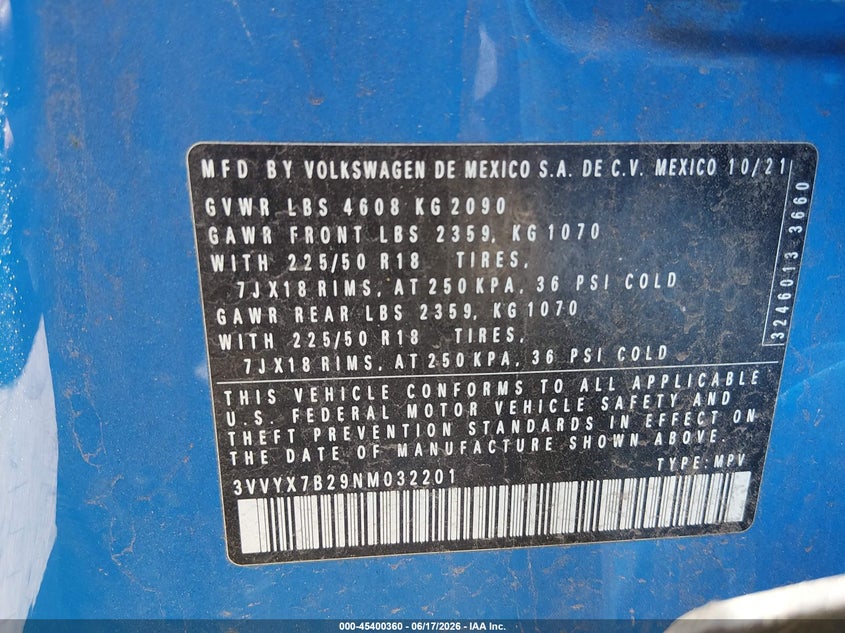 VOLKSWAGEN TAOS 2022 VIN 3VVYX7B29NM032201