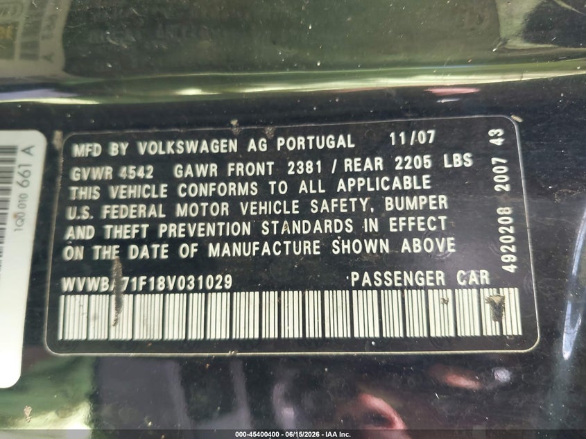 VOLKSWAGEN EOS 2008 VIN WVWBA71F18V031029