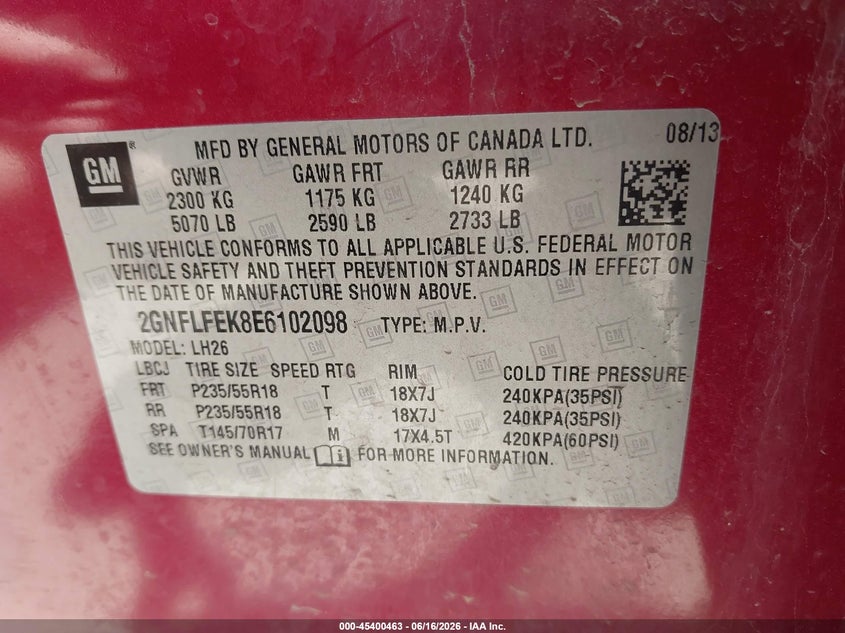 2014 CHEVROLET EQUINOX SPORT UTILITY VEHICLE 2.4L I-4 DI, DOHC, VVT, 182HP
