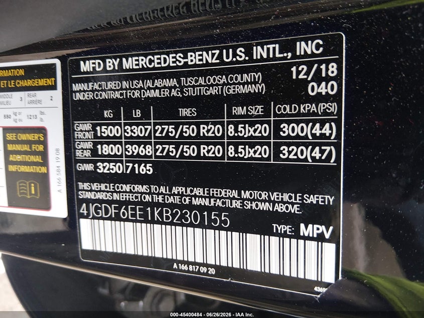 2019 Mercedes-Benz Gls 450 4Matic VIN: 4JGDF6EE1KB230155 Lot: 45400484