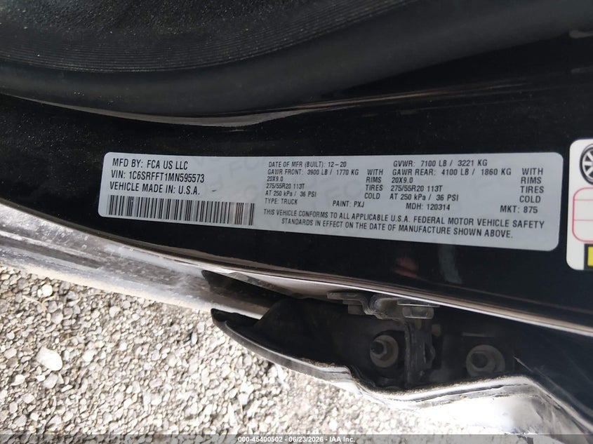 RAM 1500 2021 VIN 1C6SRFFT1MN595573