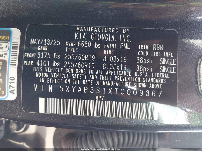 2026 Kia Ev9 Light Long Range VIN: 5XYAB5S1XTG009367 Lot: 45400551