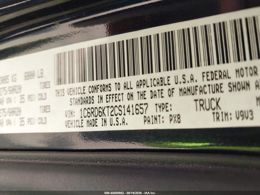 RAM 1500 2012 VIN 1C6RD6KT2CS141657