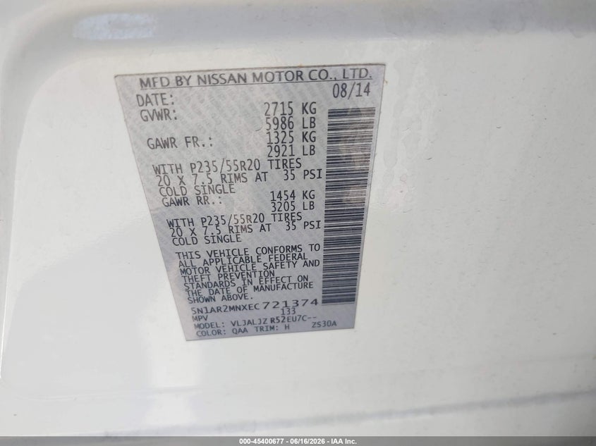 2014 Nissan Pathfinder Platinum VIN: 5N1AR2MNXEC721374 Lot: 45400677