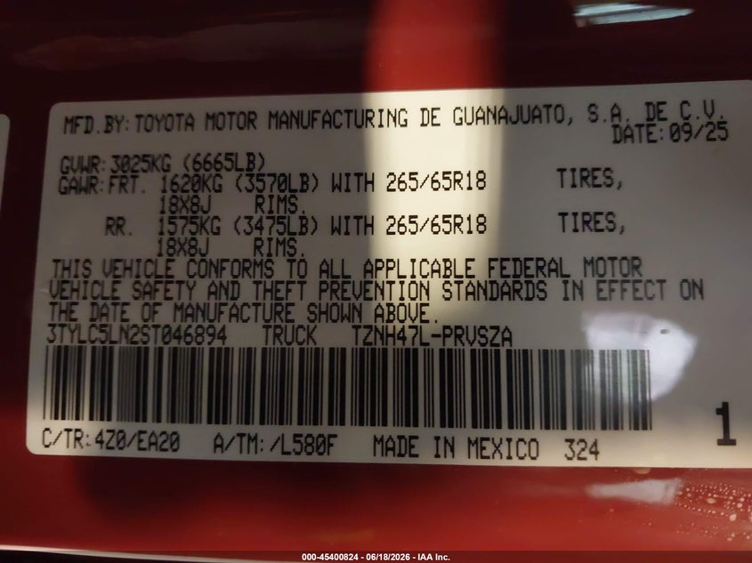 VIN 3TYLC5LN2ST046894 2025 TOYOTA TACOMA HYBRID TRD SPORT 4WD