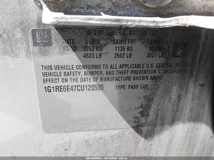 2012 CHEVROLET VOLT HATCHBACK ELECTRIC